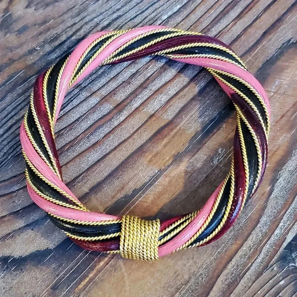 Handcrafted Twisted Rattan Red Pink Bangle Bracelet Gold Pink Burgundy Black - Picture 3 of 7